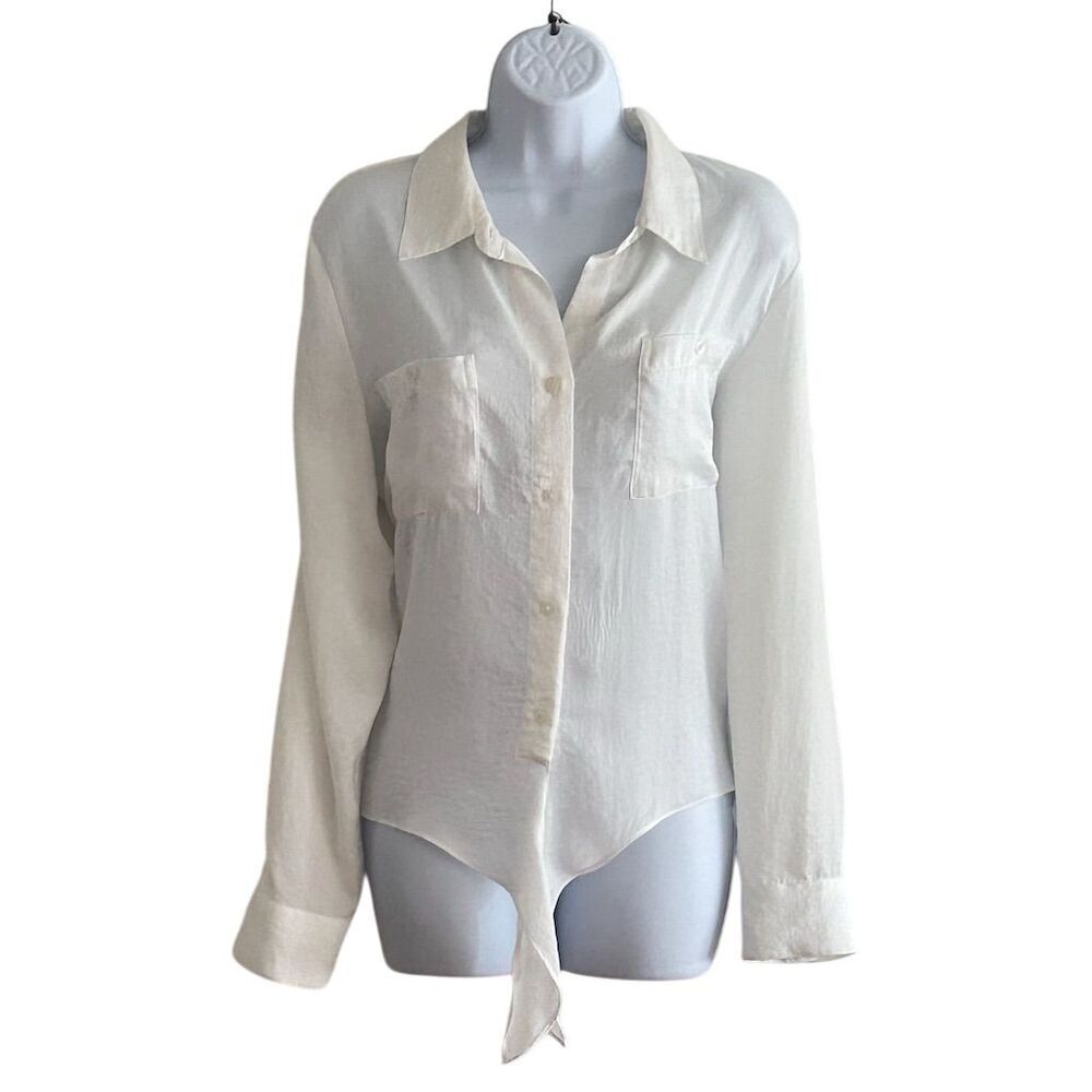Ellen Tracy Women's White Button-Up Shirt Size L Long Sleeve Casual